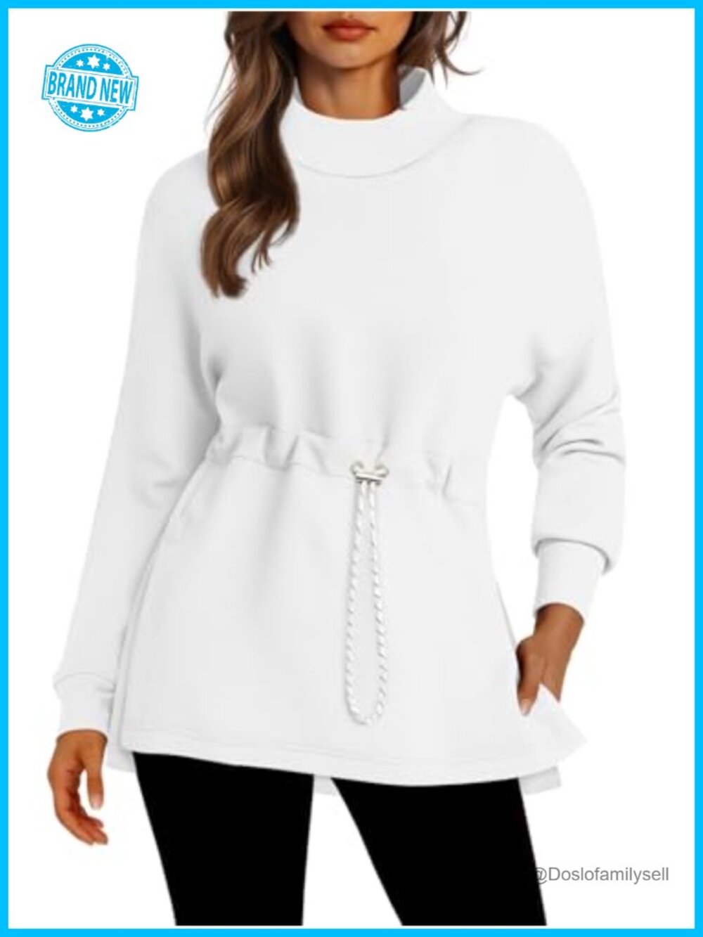 Women's Turtleneck Sweatshirt Long Sleeve Pullover Tunic Drawstring Waist